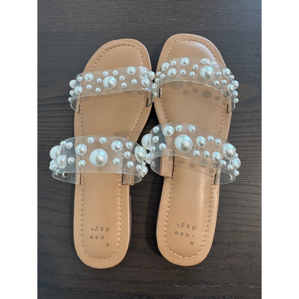 A New Day Pearl Embellished Slide Sandals Womens 8.5 Tan Clear Faux Pearl Straps